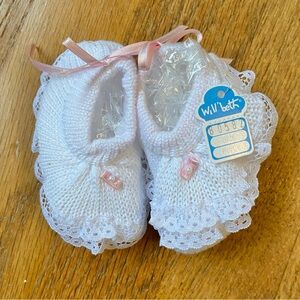 Will'Beth White Baby Booties with Pink Ribbon